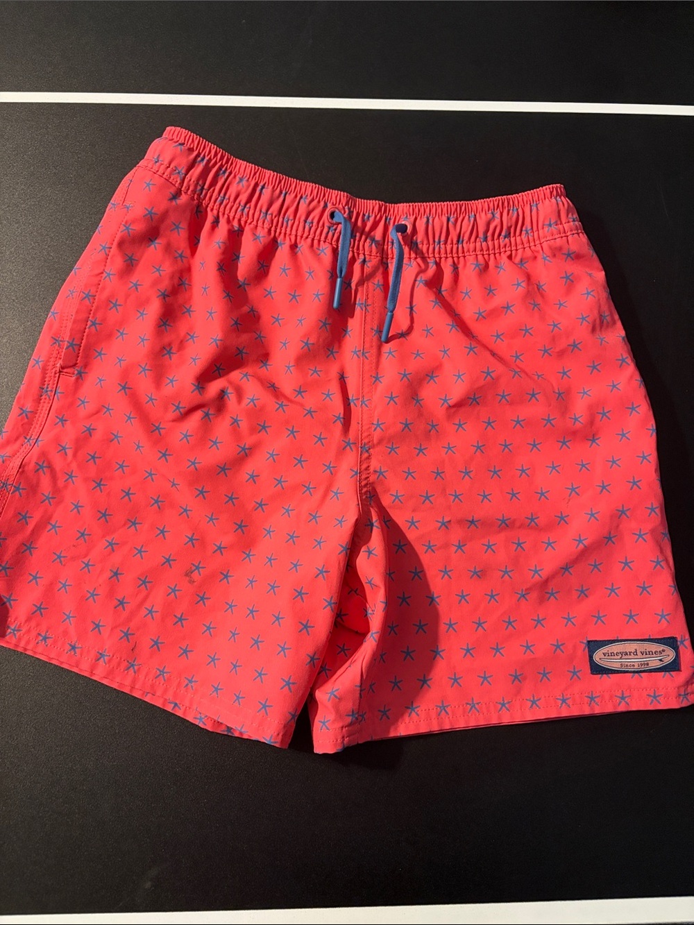 Vineyard Vines Coral Pink Swim Trunks with Blue Starfish